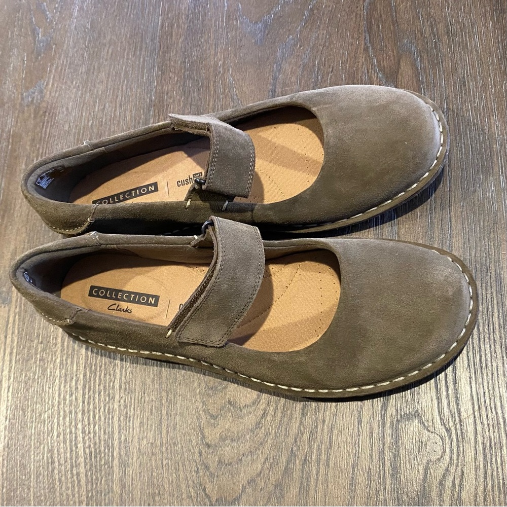 Clarks Taupe Suede Mary Jane Flats - Picture 12 of 16